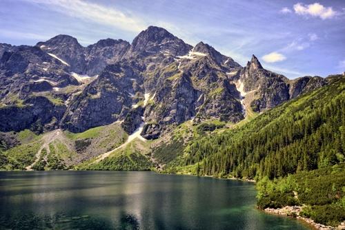 The panorama of a mountain lake covered with ice and snow against the background of peaks