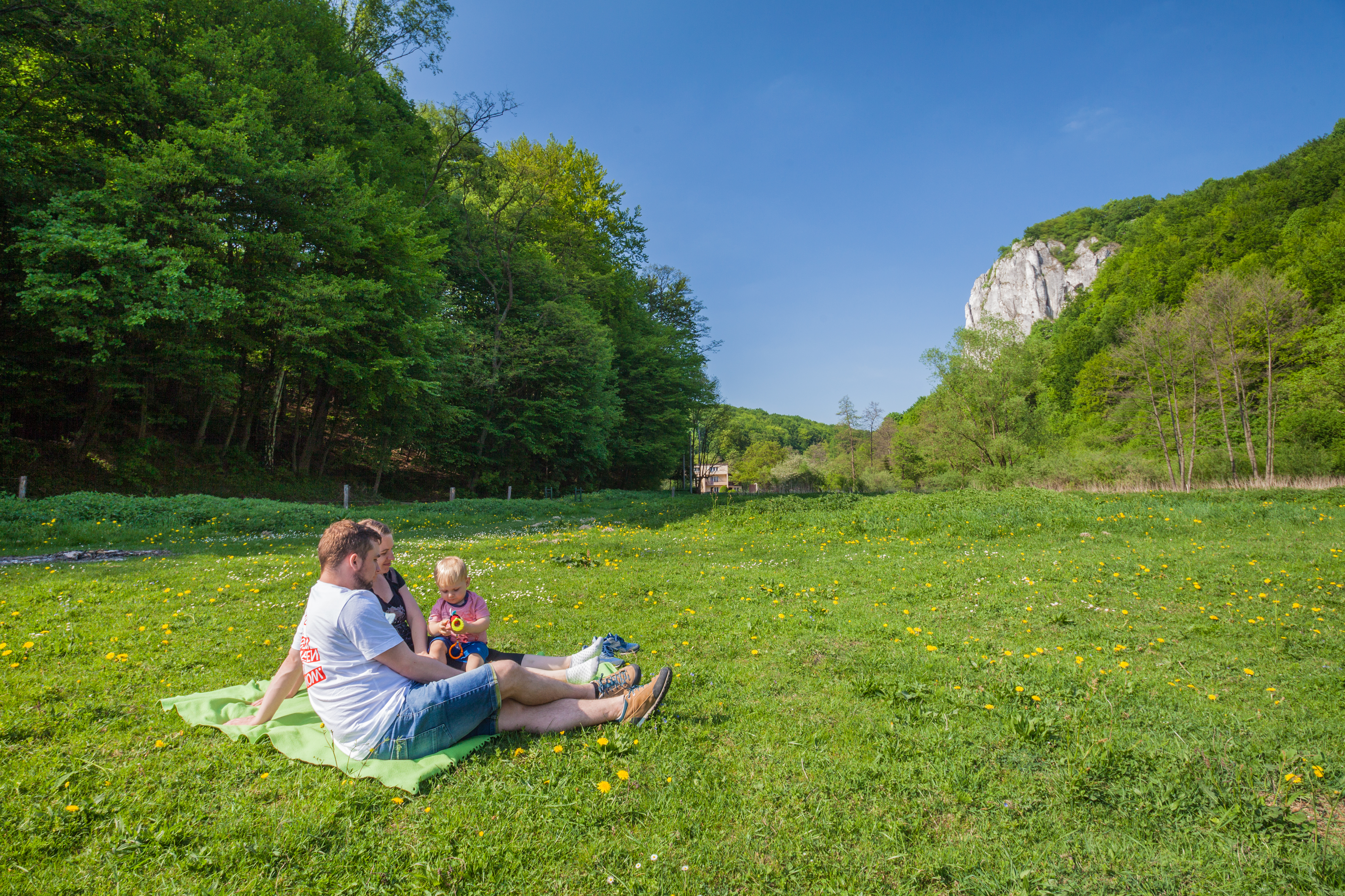 Rodzinny piknik w Dolinie Będkowskiej, leżącej na terenie Parku Krajobrazowego Dolinki Krakowskie.